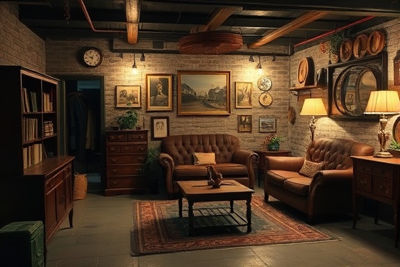 vintage basement decor, nostalgic, arranging antique furniture, photorealistic, cozy basement with vintage inspiration, highly detailed, shadows and texture contrast, rich earthy colors, subdued lighting, shot with a 50mm lens.