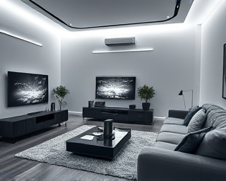 contemporary living room, focused, laying out smart devices, photorealistic, futuristic vibe with tech-integrated furniture, highly detailed, digital screens illuminating room, sharp clarity, sleek monochrome, cool LED lighting, shot with a telephoto lens.
