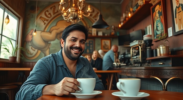 artistic painting interior, relaxed expression, skillfully detailing mural, photorealistic, cozy cafe with eclectic decor, highly detailed, steam rising from coffee cups, 50mm lens, warm earth tones, soft morning light, shot with a Leica Summilux-M 50mm f/1.4 ASPH lens.