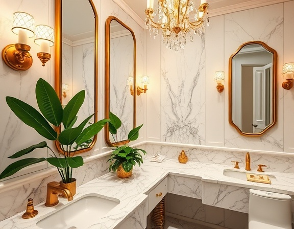 luxurious bathroom decor, opulent atmosphere, adjusting gold-plated fixtures, photorealistic, lush green plant accents against marble countertops, highly detailed, reflection in the vanity mirror, high dynamic range, rich golds and whites, chandelier lighting, shot with a 35mm prime lens.