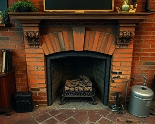 vintage home restoration, meticulous, repairing an old fireplace, photorealistic, a historic brownstone with character, highly detailed, soot and brick details, high clarity, burnt red and charcoal, soft glow, shot with a 70mm zoom lens.