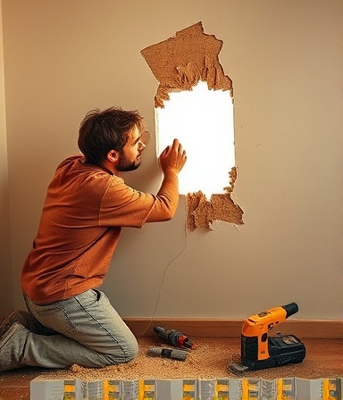 versatile drywall repair, deliberate expression, patching a hole, photorealistic, home interior with scattered tools, highly detailed, dust particles illuminated by light, 8k resolution, warm beige and brown hues, natural sunlight, shot with an 85mm lens.