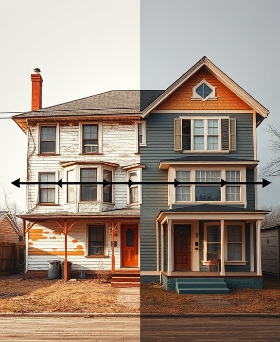 renovation timeline, contemplative, showcasing before and after images of a vintage house, photorealistic, a split-screen view with one side old and the other newly renovated, highly detailed, timeline arrows connecting images, full-frame, warm earth tones, balanced studio lighting, shot with a 28mm lens