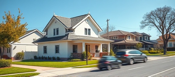 traditional painting house, joyful expression, meticulously covering walls, photorealistic, suburban street with manicured lawns, highly detailed, cars driving by, 24mm lens, pastel colors, bright midday lighting, shot with a Sony FE 24-70mm f/2.8 GM lens.