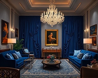 elegant living room, satisfied, arranging art pieces, photorealistic, grand space with a chandelier and silk drapes, highly detailed, sparkling reflections on surfaces, rich textures, royal blue and gold, soft moonlight, shot with a prime lens.