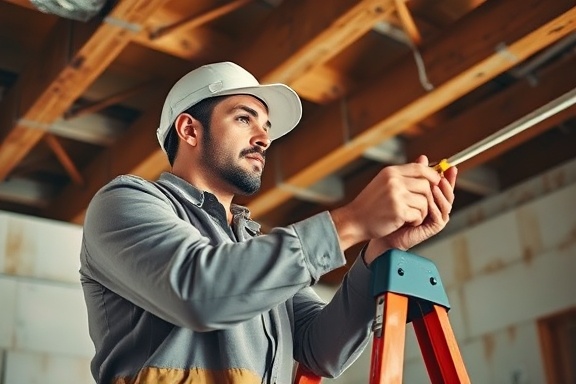 focused drywall worker, concentrated expression, measuring dimensions, photorealistic, construction site with exposed beams and insulation, highly detailed, dynamic posture of balancing on a ladder, ultra high-definition, earthy color palette, bright overhead lighting, shot with a 35mm lens.