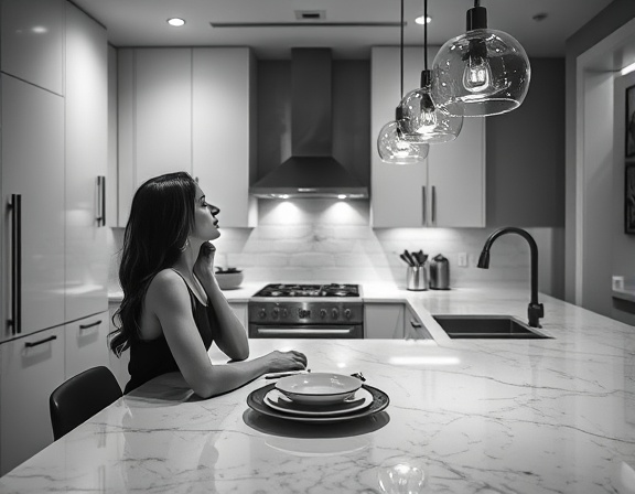 contemporary kitchen update, contemplative, planning a dinner party, photorealistic, urban apartment kitchen with marble countertops and pendant lights, highly detailed, reflections on the glossy surface, Sony A7R IV, black and white, overhead lighting, shot with a 50mm lens