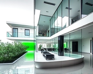 contemporary home remodel, imaginative, designing open spaces, photorealistic, a modern townhouse with glass facades, highly detailed, sleek surfaces and clean lines, ultra-sharp, monochrome with pops of green, diffused daylight, shot with a 14mm wide-angle lens.