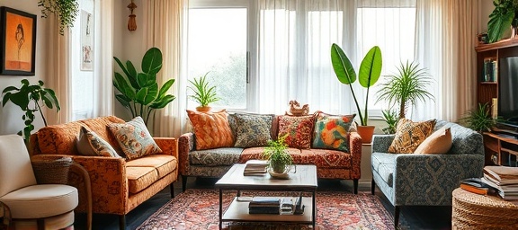 bohemian living room, relaxed, rearranging throw pillows, photorealistic, eclectic mix of patterns and plants, highly detailed, gentle breeze moving curtains, wide dynamic range, rich vibrant colors, natural morning light, shot with a wide-angle lens.