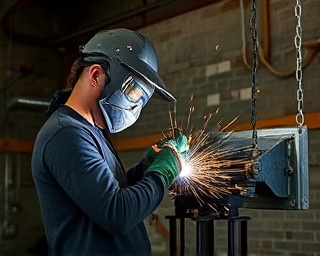 industrial home improvement, determined, welding a custom metal fixture, photorealistic, a repurposed warehouse loft, highly detailed, sparks and metal textures, high-definition, raw steel gray, harsh spotlight, shot with an 85mm prime lens.