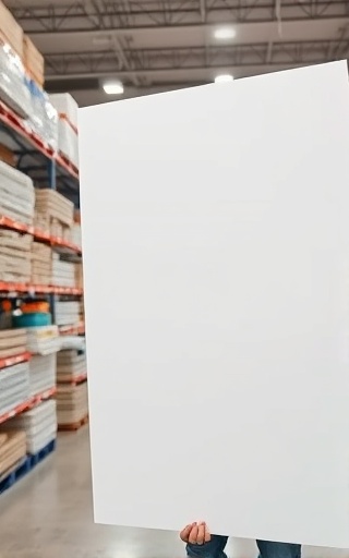 smooth drywall sheet, pristine expression, being carried upright, photorealistic, hardware store aisle with stacked building materials, highly detailed, gentle reflections on the surface, 4k resolution, white and light grey tones, fluorescent lighting, shot with a 24mm lens.