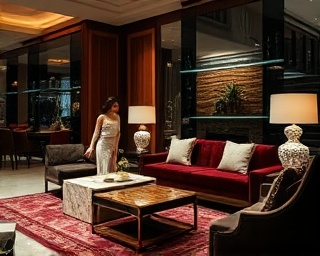 luxury living room, delighted, inspecting custom-made furniture, photorealistic, opulent design with marble and velvet elements, highly detailed, subtle glint from polished surfaces, high polish, deep burgundy and emerald tones, dramatic spotlight, shot with a large format lens.