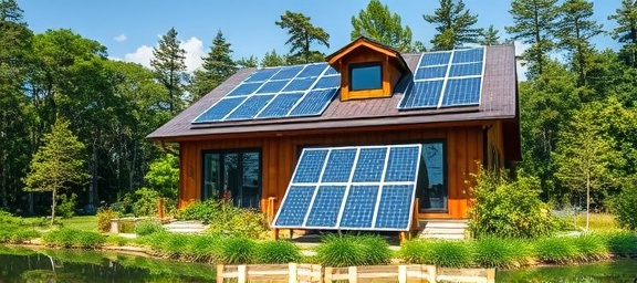 eco-friendly home restoration, proud, installing solar panels, photorealistic, an off-the-grid ecological home surrounded by nature, highly detailed, reflective panels and lush greenery, eco-focused clarity, greens and blues, natural sunlight, shot with a 12mm ultra-wide lens.