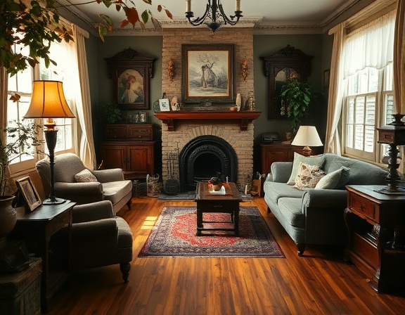 vintage living room, surprised, discovering antique decor, photorealistic, cozy room with hardwood floors and a fireplace, highly detailed, leaves rustling outside, fine grain detail, earthy tones, soft ambient lighting, shot with a tilt-shift lens.