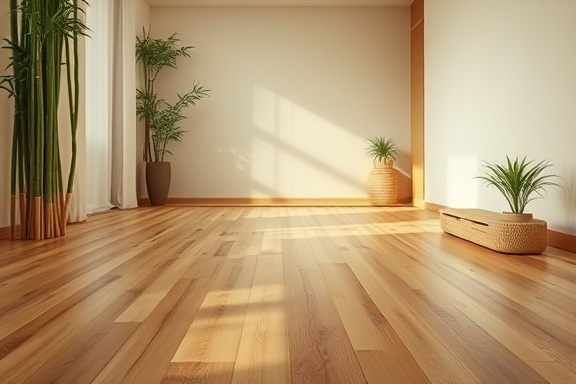 eco-friendly bamboo flooring, serene, gently polished, photorealistic, minimalist zen-like bedroom, highly detailed, smooth texture, natural colors, soft ambient lighting, shot with a 50mm lens.