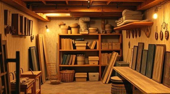 rustic basement decor, peaceful, arranging wooden shelves, photorealistic, warm basement with natural materials, highly detailed, gentle dust particles in air, earthy tones, golden lighting, shot with a macro lens.