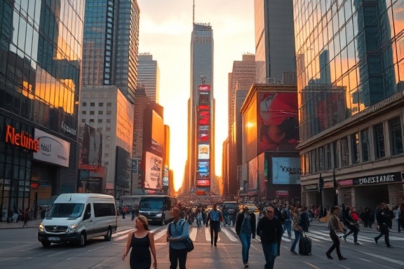creative painting commercial, determined expression, efficiently covering large area with paint, photorealistic, bustling cityscape with skyscrapers, highly detailed, pedestrians passing by, 85mm lens, bright and catchy colors, golden hour lighting, shot with a Canon RF 24-70mm f/2.8L IS USM lens.