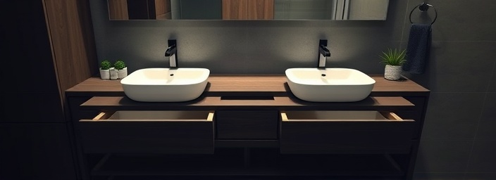 sophisticated bathroom vanity, minimalist and functional, opening soft-close drawers, photorealistic, contrasting dark wood and white ceramic sinks, highly detailed, light reflecting off polished surfaces, low noise level, monochromatic palette, bright overhead lights, shot with a 24mm wide-angle lens.