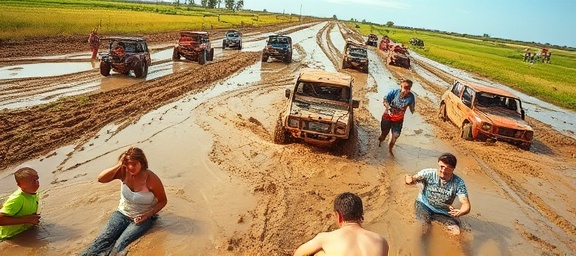 joyful mudding fun, ecstatic, sloshing through pools of mud, photorealistic, clear skies and patches of grass, highly detailed, tire tracks left behind, energetic chaos, deep browns and blues, bright daylight, shot with an ultra-wide lens