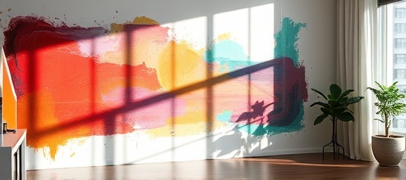 abstract painting wall, contemplative expression, skillfully blending colors, photorealistic, modern apartment with minimalist decor, highly detailed, shadows playing on the surface, 50mm lens, bold and contrasting colors, soft ambient lighting, shot with a Fujifilm XF 35mm f/1.4 R lens.