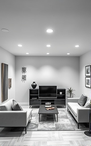 minimalist basement renovation, contemplative, arranging sleek furniture, photorealistic, simplistic basement with clean lines, highly detailed, air circulation, monochrome with wood accents, natural lighting, shot with a 24mm lens.