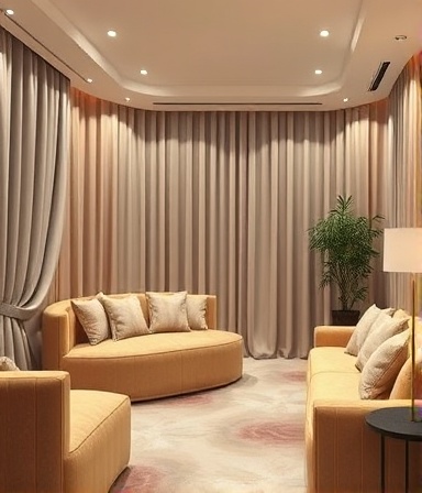 elegant basement makeover, content, selecting plush fabrics, photorealistic, luxurious basement with refined finishes, highly detailed, subtle movement of drapes, pastel hues, soft ambient lighting, shot with a 85mm lens.