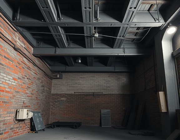 industrial basement remodeling, determined, installing steel beams, photorealistic, raw basement with exposed brick and metalwork, highly detailed, dynamic shadows, grayscale with pops of color, focused lighting, shot with a tilt-shift lens.