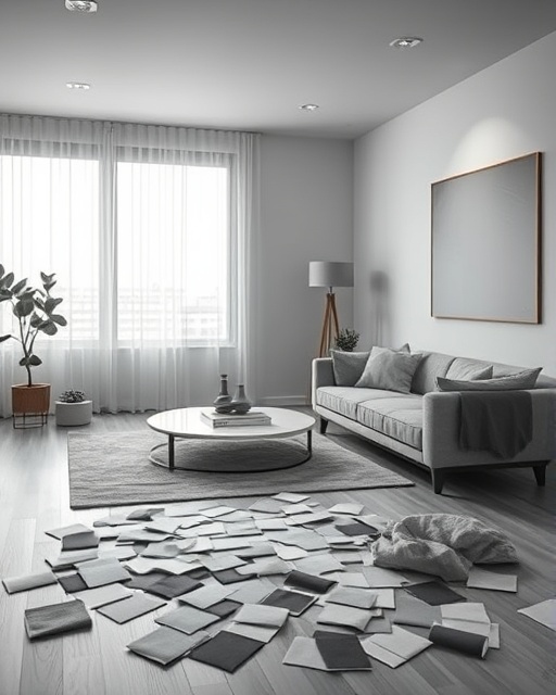 minimalist living room, curious, selecting color swatches, photorealistic, minimalist design with sleek furniture, highly detailed, scattered fabric samples, sharp focus on textures, monochrome palette, bright spotlight, shot with a macro lens.