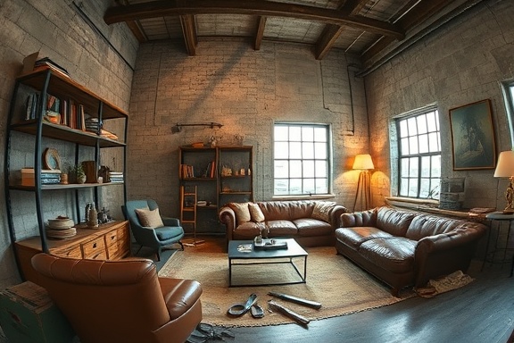 industrial living room, determined, installing metal shelving, photorealistic, raw concrete walls with leather furniture, highly detailed, tools and materials scattered, precise rendering, steel and wood accents, warm tungsten lighting, shot with a fisheye lens.