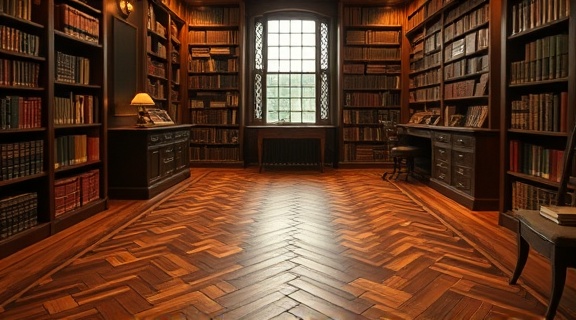 vintage parquet flooring, nostalgic, meticulously restored, photorealistic, elegant study room filled with books, highly detailed, classic herringbone pattern, rich brown hues, warm tungsten light, shot with an 85mm lens.