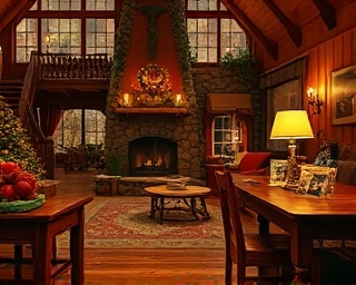 rustic living room, nostalgic, placing family photos, photorealistic, cozy cabin interior with natural wood and stone, highly detailed, soft footsteps on floorboards, high-resolution finish, autumnal hues, flickering candlelight, shot with a fast aperture lens.