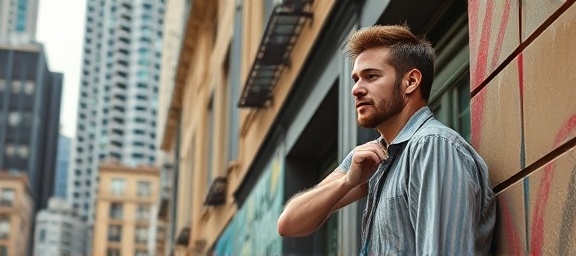 modern painting exterior, focused expression, steadily applying paint to facade, photorealistic, urban neighborhood with towering buildings, highly detailed, wind rustling the artist's clothing, 35mm lens, vibrant hues, natural lighting, shot with a Nikon AF-S NIKKOR 24-70mm f/2.8E ED VR lens.