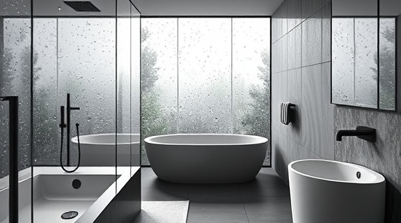 contemporary bathroom design, sleek and edgy, architect drafting plans on tablet, photorealistic, floor-to-ceiling glass with matte black fixtures, highly detailed, morning dew on glass, crisp image quality, monochrome with splashes of color, diffused LED lighting, shot with a 50mm portrait lens.