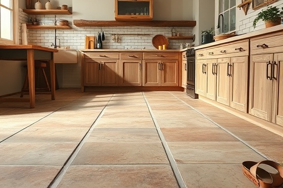 rustic tile flooring, inviting, being installed, photorealistic, cozy farmhouse kitchen, highly detailed, unique patterns, earthy tones, diffused natural light, shot with a 35mm lens.