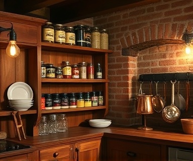 rustic kitchen cabinets, nostalgic, organizing spices on a shelf, photorealistic, farmhouse kitchen with rustic beams and copper utensils, highly detailed, shadows casting on the brick wall, Canon EOS-1D X, warm earth tones, candlelight flicker, shot with an 85mm lens