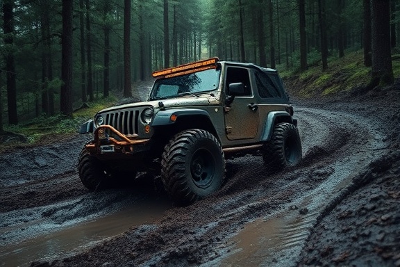 powerful mudding outdoors, thrilling, tackling the muddy path, photorealistic, wet and slippery forest environment, highly detailed, wheels spinning in deep mud, dynamic motion, dark greens and browns, soft ambient light, shot with a 24mm lens