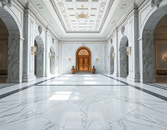 luxurious marble flooring, breathtaking, reflecting light, photorealistic, opulent grand foyer, highly detailed, intricate veining, cool white and grey hues, dramatic overhead lighting, shot with an ultra-wide-angle lens.