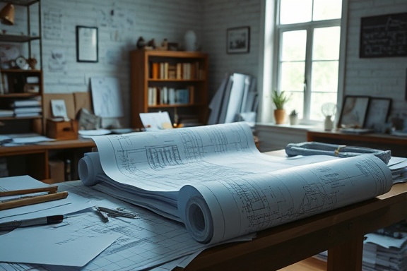 renovation archive, analytical, cataloging renovation blueprints, photorealistic, a cluttered architect's studio with scattered papers and drawings, highly detailed, blueprints rolling from a table, high resolution, cobalt blues, natural daylight filtering through a window, shot with a 24mm lens