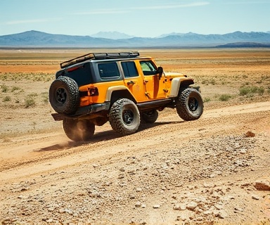 offroad mudding culture, lively, navigating challenging terrain, photorealistic, open plains with distant mountains, highly detailed, shocks working overtime, scattered stones, muted earth tones, natural sunlight, shot with a telephoto lens