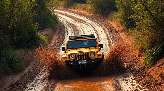 exciting mudding offroad, adventurous, blazing through the mud, photorealistic, thick underbrush and winding paths, highly detailed, trails of water being thrown, fast-paced energy, warm earthy colors, golden hour lighting, shot with a 35mm lens