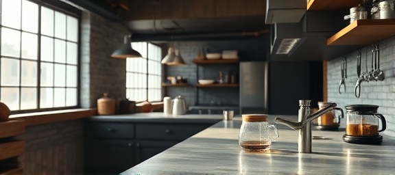 industrial kitchen design, focused, brewing coffee, photorealistic, loft-style kitchen with exposed pipes and concrete counters, highly detailed, steam swirling in the air, Fujifilm GFX100, rustic metals and dark tones, bright morning light, shot with a 45mm lens