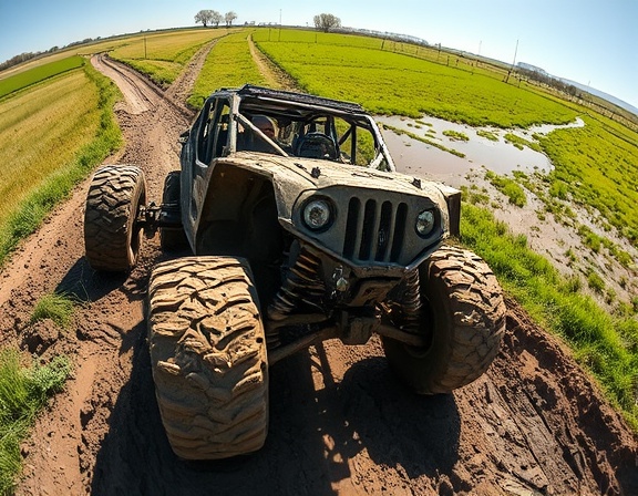 enthusiastic mudding adventure, determined, barreling through rough trails, photorealistic, expansive fields with scattered puddles, highly detailed, mud clinging to chassis, dirt splashes, vibrant greens, midday sun, shot with a fisheye lens