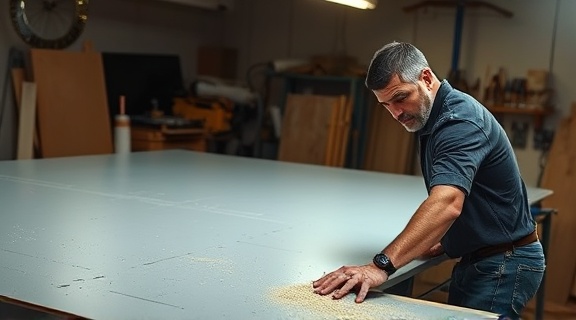 heavy drywall sheet, focused expression, cutting precisely, photorealistic, garage workspace with table saw and workbench, highly detailed, fine sawdust particles, 12k resolution, industrial color tones, harsh spotlight, shot with a 70-200mm lens.