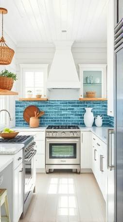 coastal kitchen revamp, refreshing and airy, emphasizing beachside retreat, photorealistic, whitewashed wood and nautical elements, highly detailed, blue ocean backsplash tiles and driftwood decor, high resolution, cool blues and whites, bright sunny illumination, shot with an 18mm wide-angle lens.