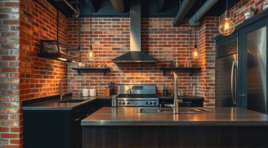 industrial kitchen remodel, bold and robust, showcasing urban edge, photorealistic, exposed brick walls and raw metal elements, highly detailed, stainless steel fixtures and Edison bulb lighting, sharp clarity, dark grays and reds, moody low-key lighting, shot with a 24-70mm zoom lens.